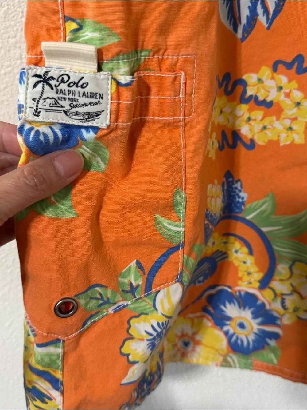 Vintage Polo Ralph  Lauren Hawaiian Ukulele Print Board Shorts Orange Resort-36
